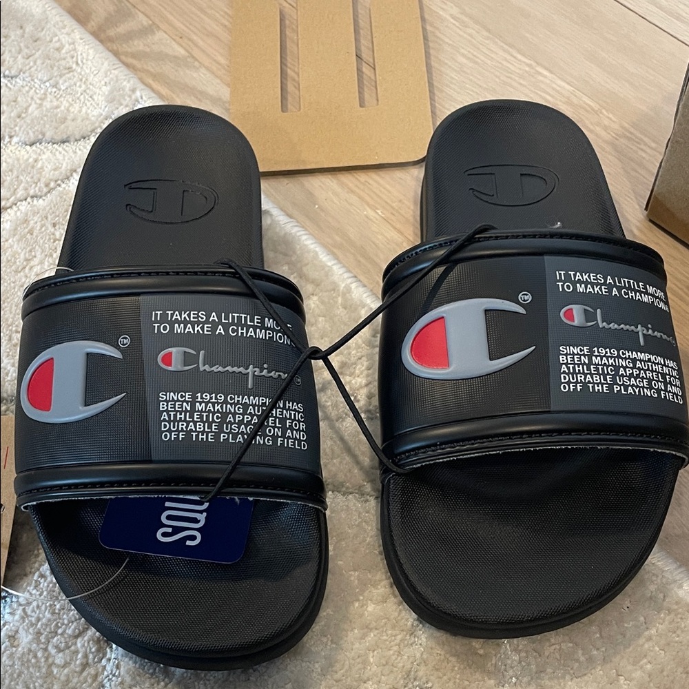 Champion Black Slide Sandals with Red and Silver Logo Accents